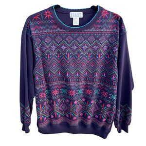 Blast Vintage 80s Cottage Geometric Purple Long Sleeve‎ Pullover Sweatshirt M